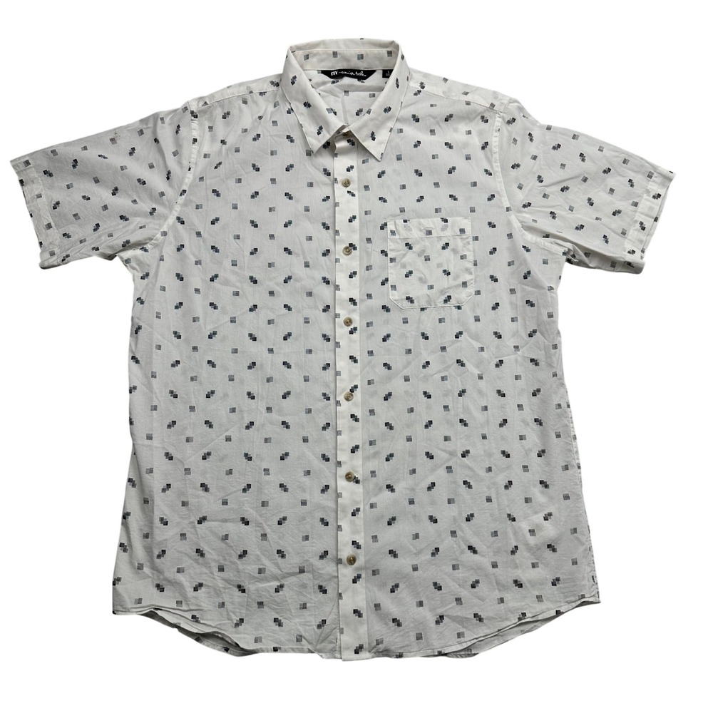 Travis Mathew Button Up Shirt Mens Large White Geo Print Short Sleeve Golf